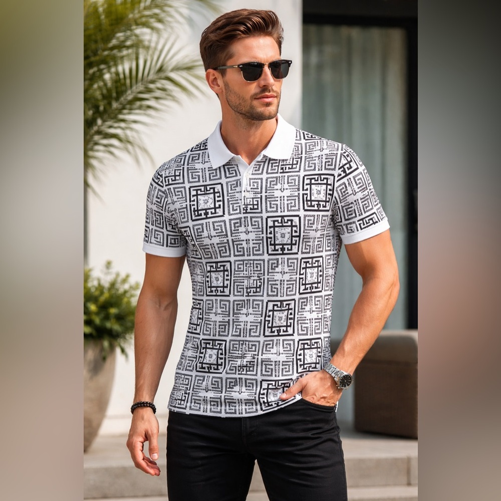 Albertini Greek Key Pattern Polo Shirt Stretch Cotton Designer Style NWT Sz Med